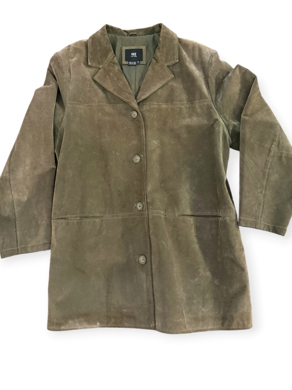 Women’s Olive Green Genuine Leather Suede Car Coat, Button-up JacketSize XL